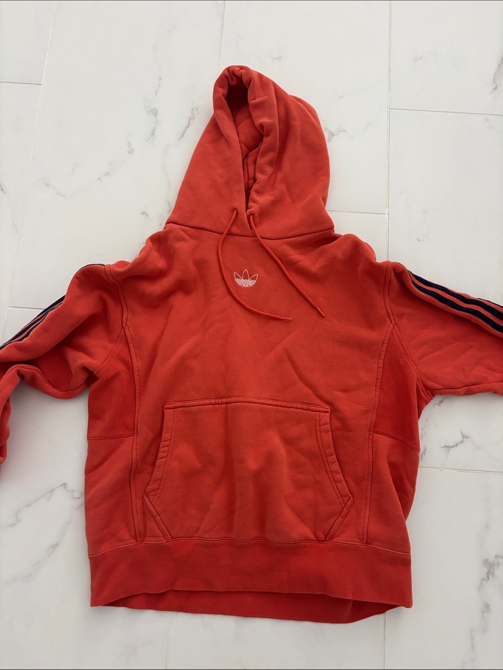 adidas Men’s Red Hoodie with Trefoil and Sleeve Stripes